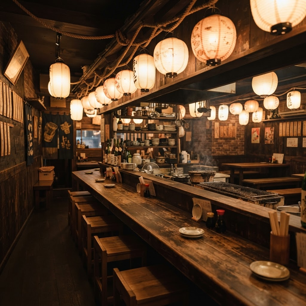 Warm, softly lit interior of a casual Japanese grill restaurant