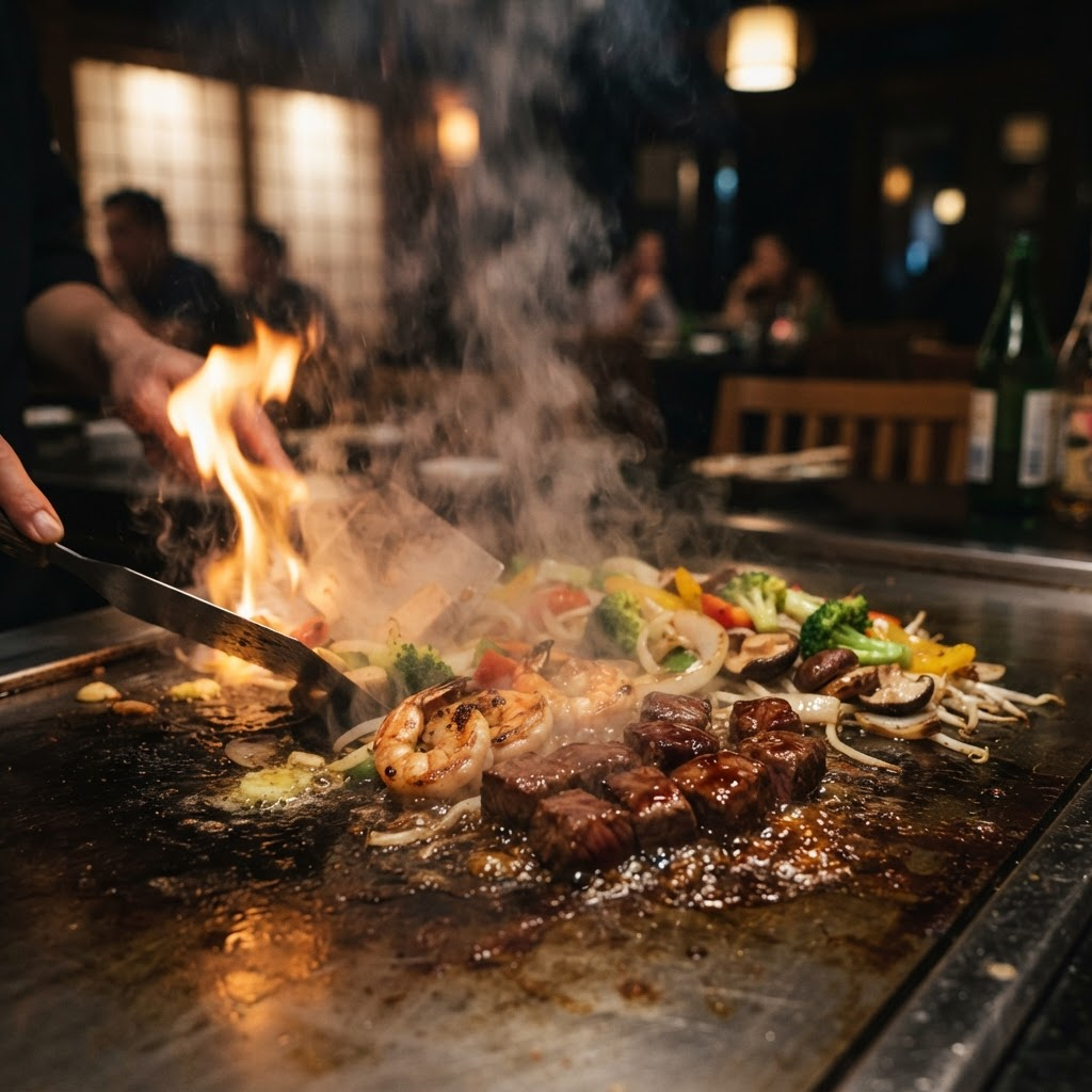 Sizzling teppanyaki grill with meat, prawns and vegetables cooking on a hot steel plate