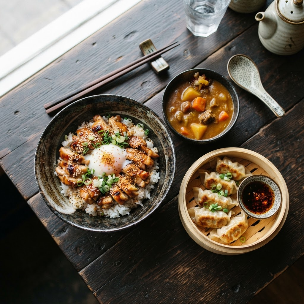 Japanese donburi rice bowl with grilled meat and egg, curry and gyoza dumplings